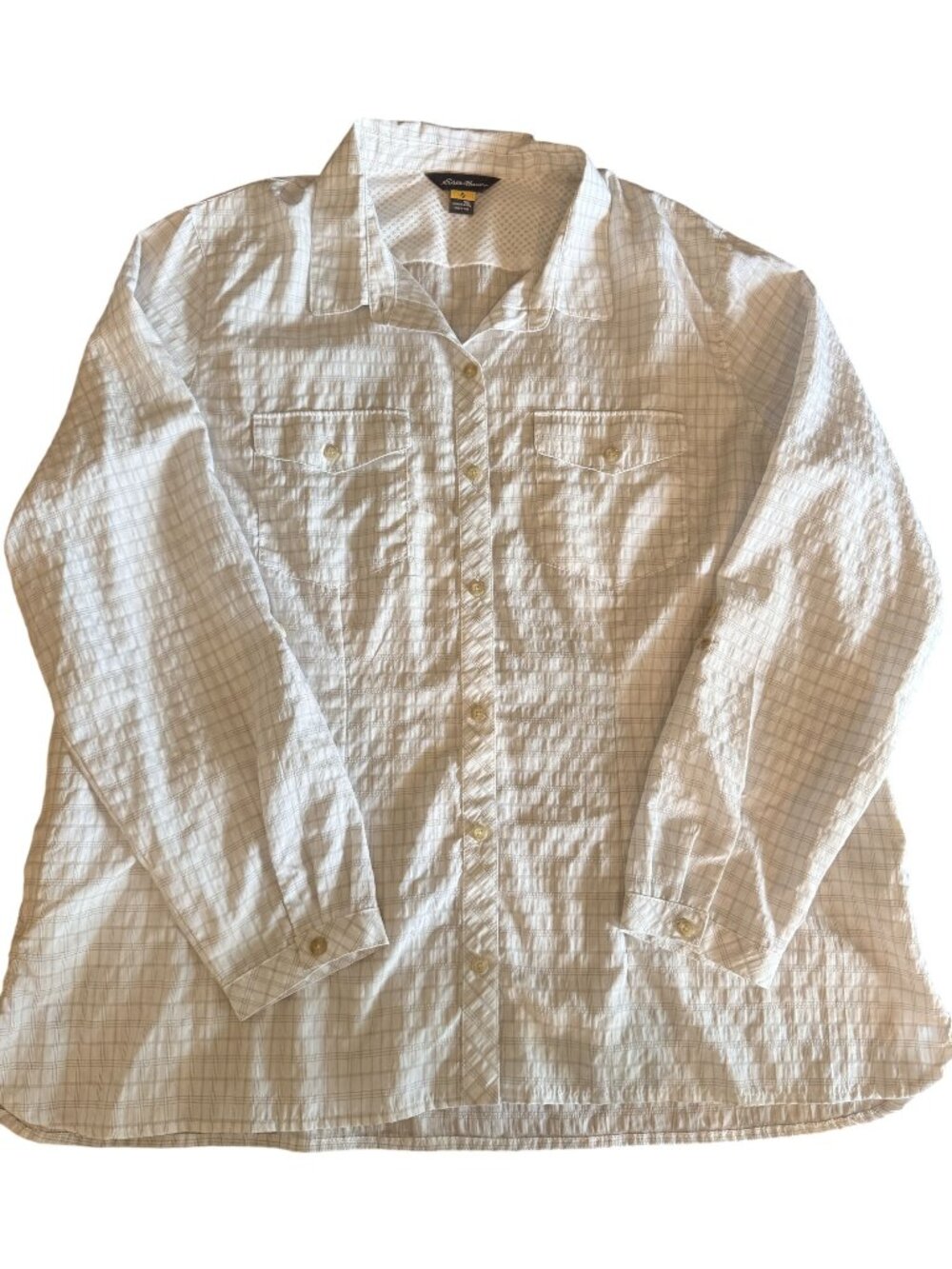 Eddie Bauer Womens 2XL White/Grey Plaid L/S Blouse w/Roll-Tab Sleeves READ